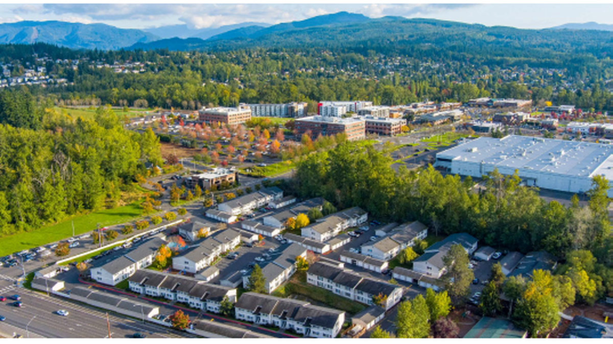 An aerial view shows the Evergreen Ridge Apartments in Bellingham, Wash. Mercy Housing Northwest purchased the complex in July of 2022, securing it as affordable housing for the next 50 years.