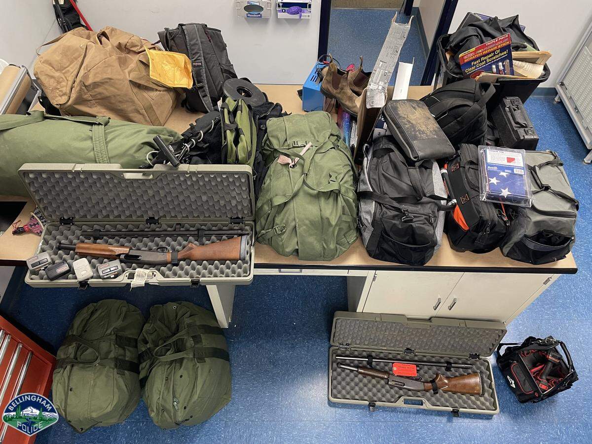 Bellingham Police found a host of stolen items, including several American flags awarded to a former U.S. Army soldier and two shotguns, in a stolen car that was involved in a single-vehicle collision Thursday afternoon, March 24.