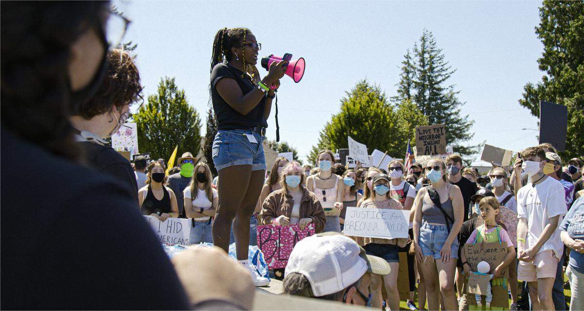Amsa Burke speaks at the March for Black Lives in Lynden in July of 2020.