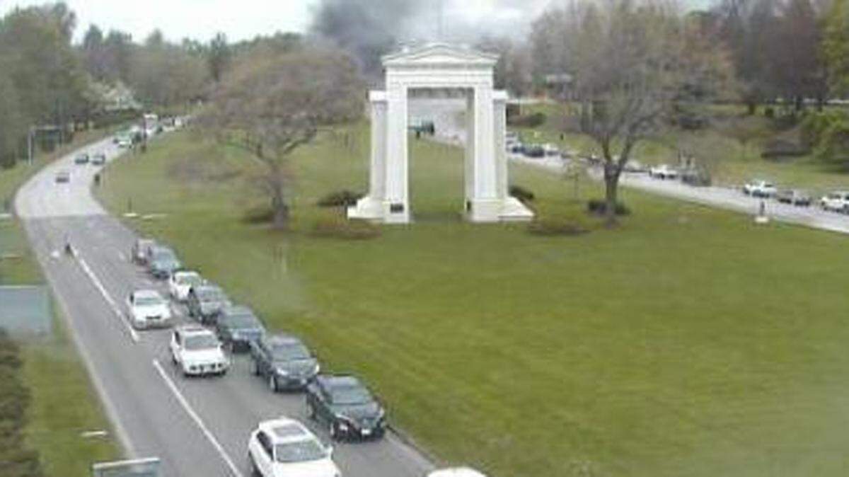 Smoke is seen at the Peace Arch Park along the U.S.-Canadian border on Thursday, May 2, 2019.