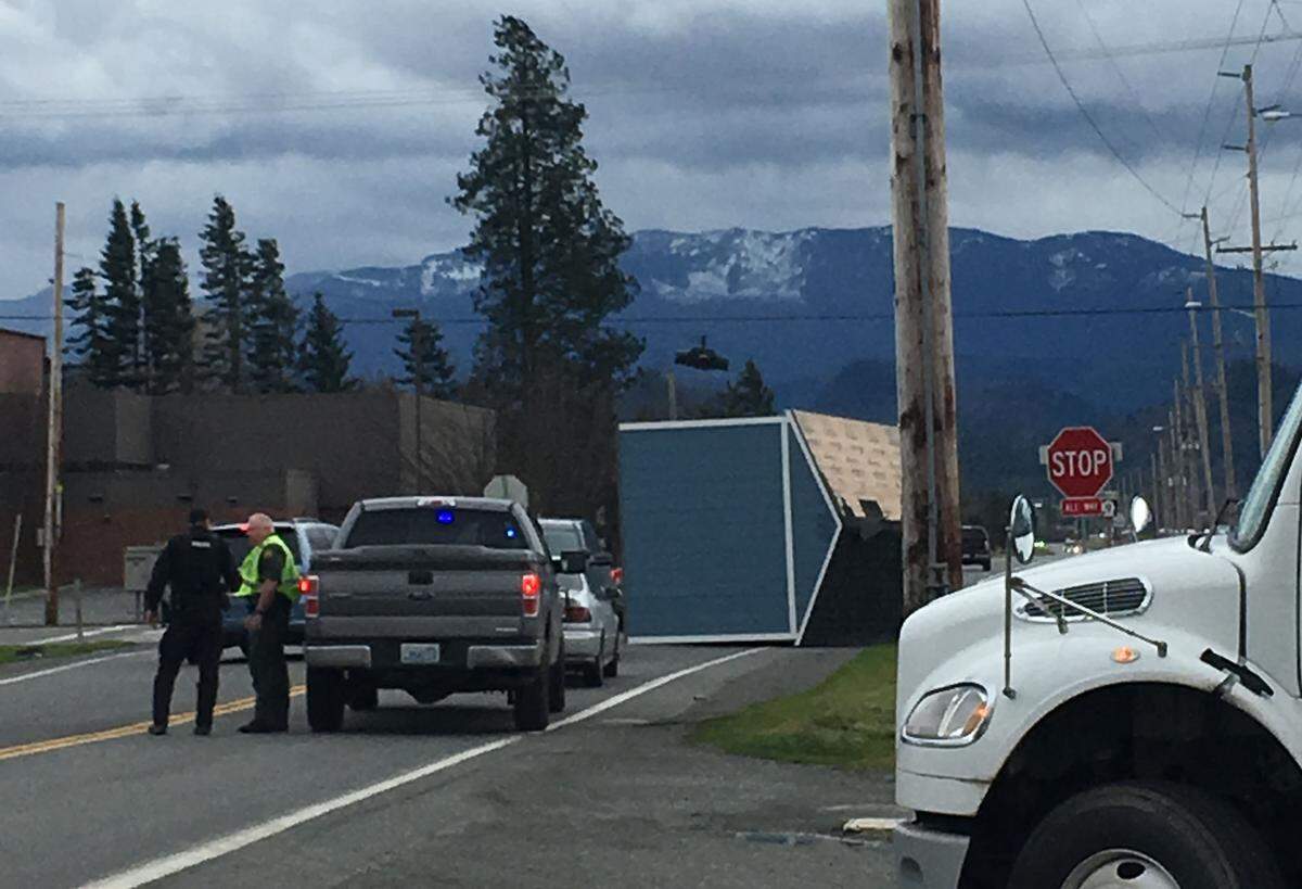 A shed lies in the road after being blown by Thursday’s wind storm on East Bader Road near Nooksack Valley High School.