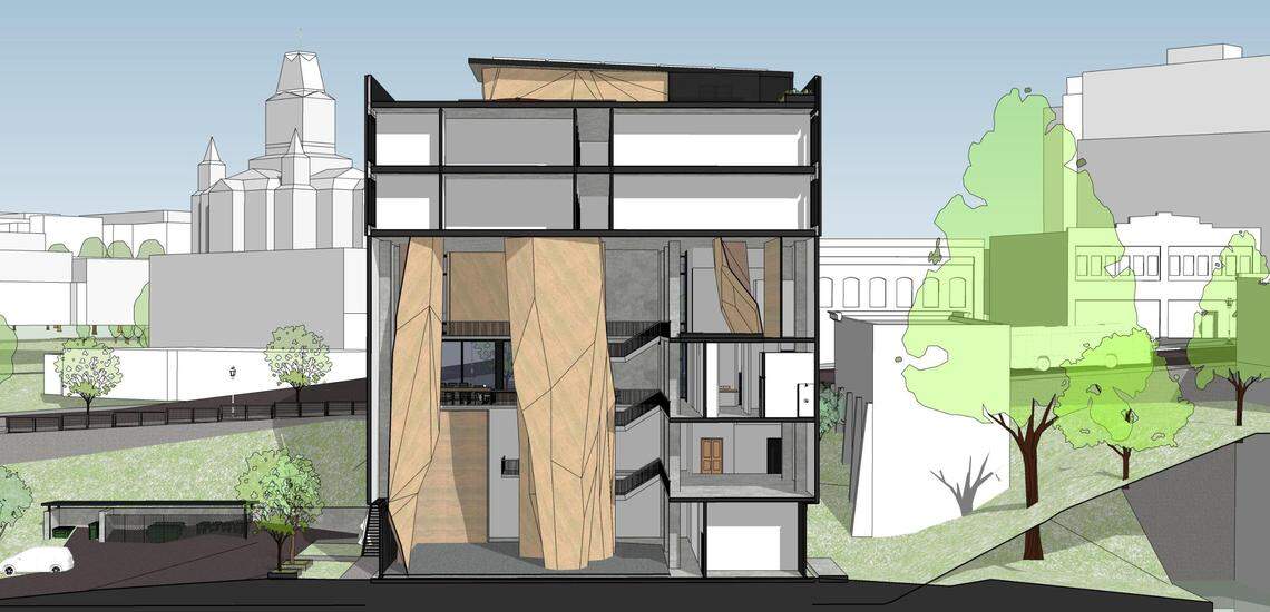 A cutaway rendering shows the interior design of the proposed Arête Climbing Gym at 315 W Holly Street in downtown Bellingham, Wash. The project is expected to break ground in the spring of 2025.