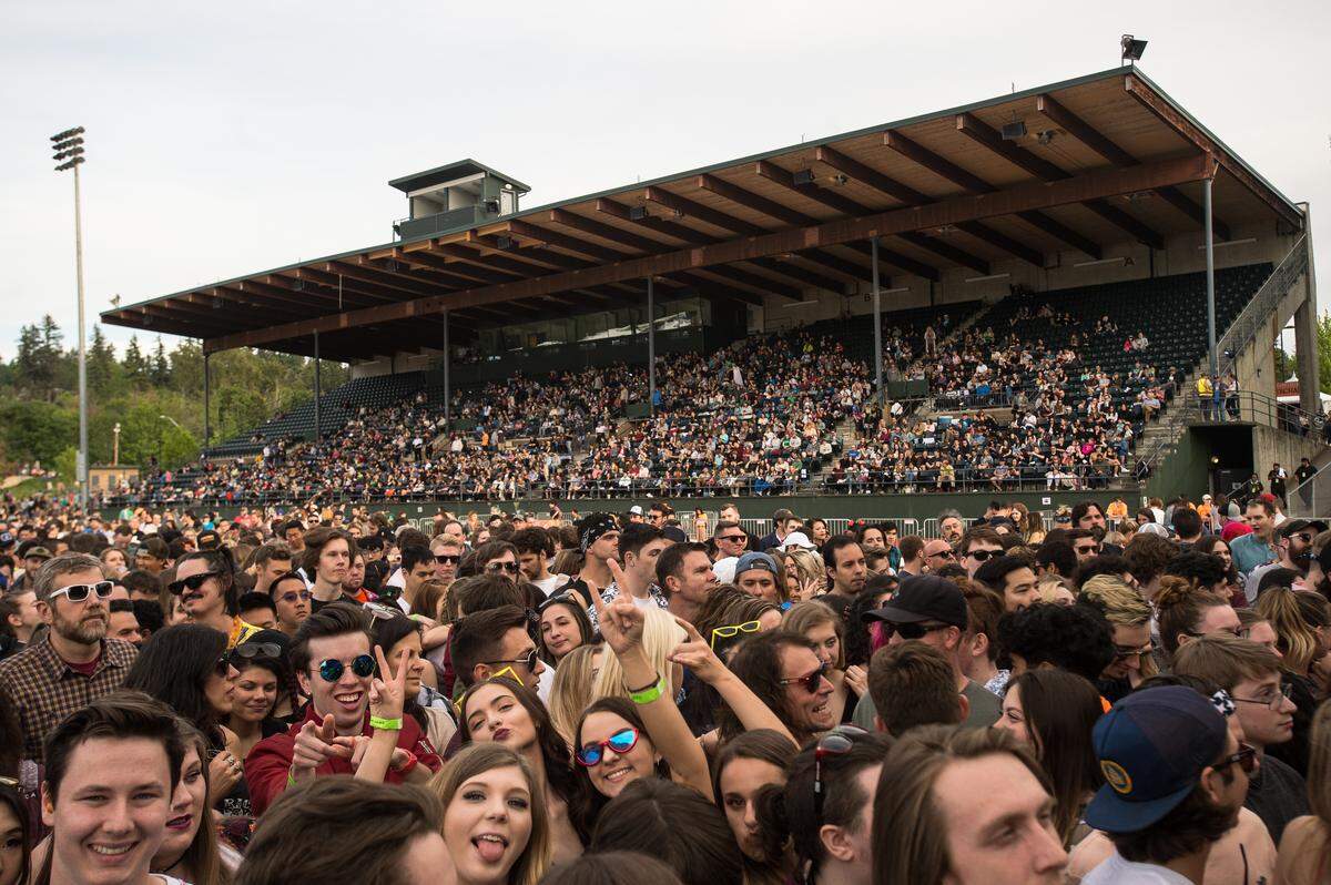 Concert-goers enjoy the Double Major event, featuring Death Cab for Cutie and Odesza, at Civic Stadium May 18 in Bellingham.