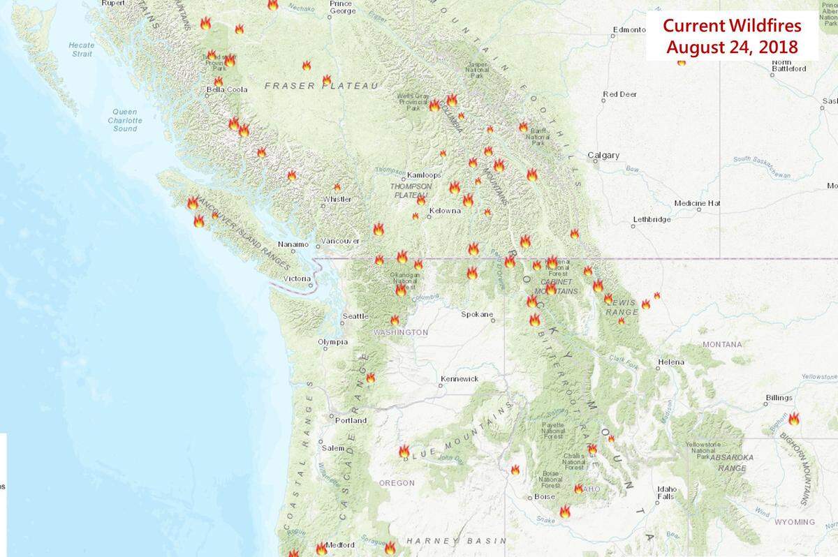 Wildfires continue to burn in British Columbia and central Washington, and until the region sees substantial rainfall, smoke will continue to impact air quality, according to the National Weather Service.