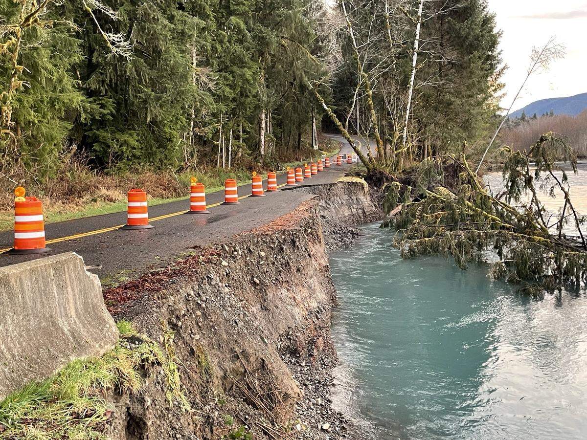 Storm damage caused a washout along the Upper Hoh Road in Jefferson County, blocking access to Olympic National Park’s Hoh Rainforest.
