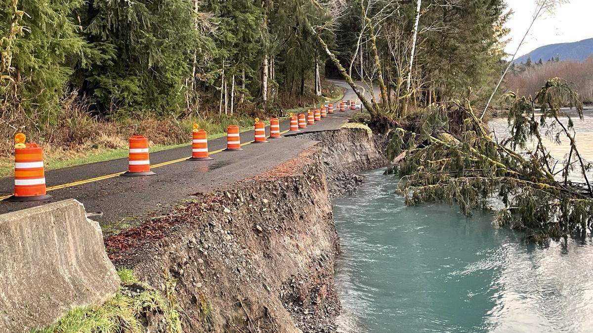 Storm damage caused a washout along the Upper Hoh Road in Jefferson County, blocking access to Olympic National Park’s Hoh Rain Forest.