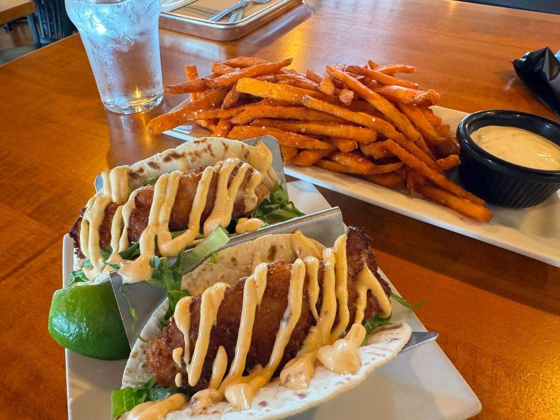 Fish tacos and sweet potato fries at The Newsroom Pub on Thursday, May 2, 2024 at 608 Front St. in Lynden, Wash.
