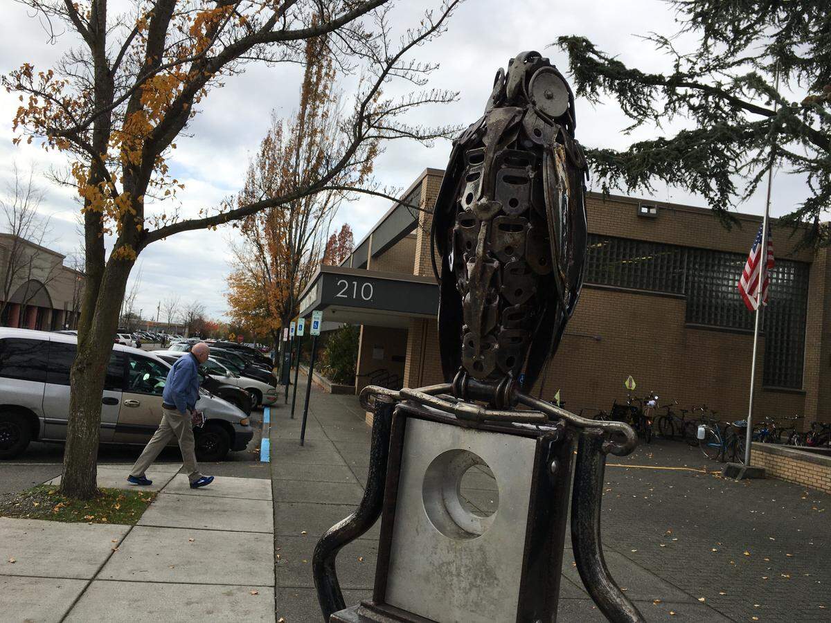A sculpture titled “Owl,” outside the Bellingham Public Library,” is on loan to the city of Bellingham through Sculpture Northwest.