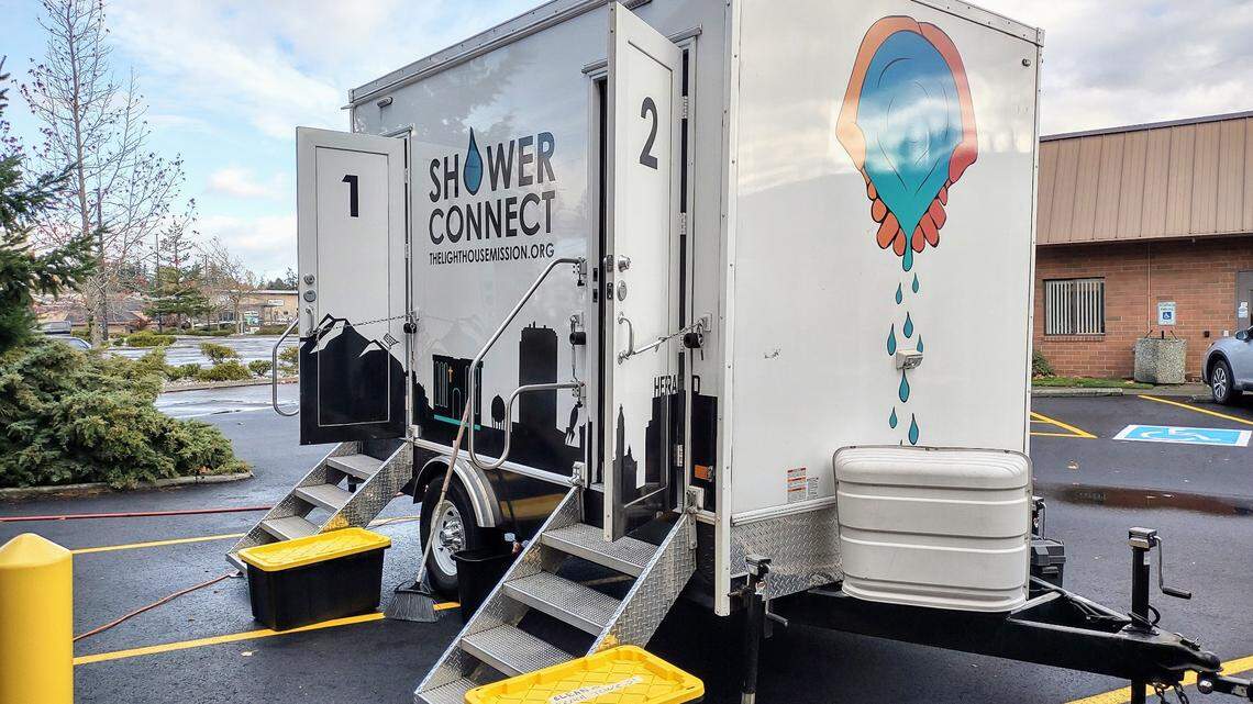Lighthouse Mission’s mobile shower trailer has two units, each with a shower, toilet and sink.
