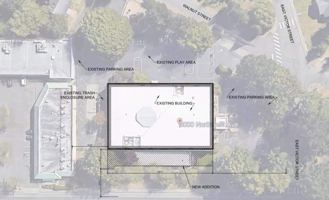 An aerial image shows the existing Franklin Academy building at 3000 Northwest Avenue with the section that is proposed for demolition and rebuilding.