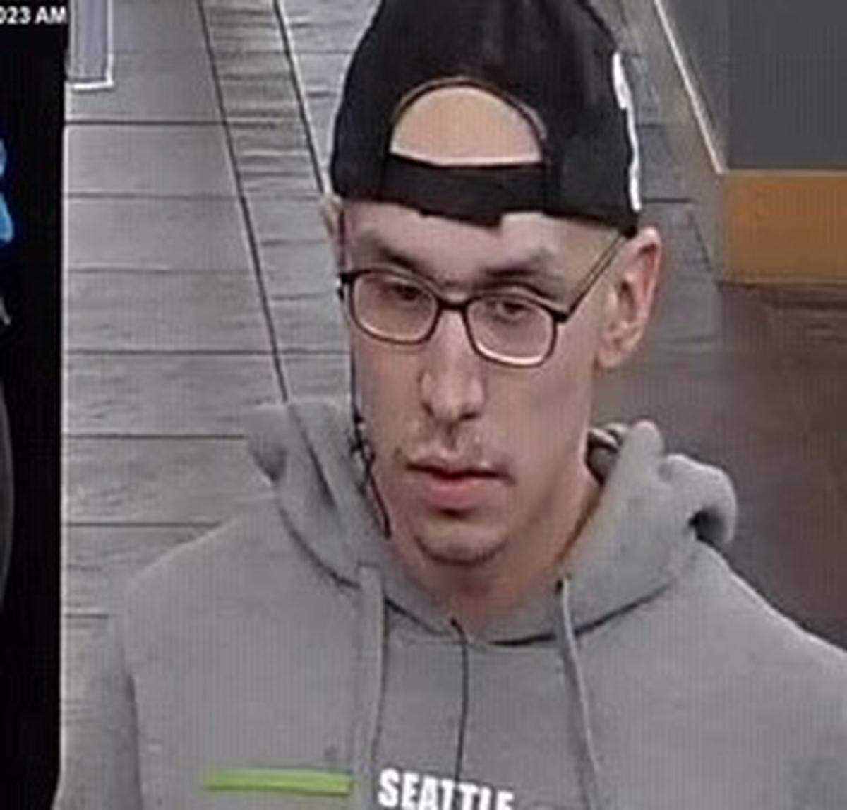 The Bellingham Police Department released images from surveillance video of a man suspected of robbing the WECU branch on Orleans Street Monday. They are asking for the public’s help in locating the man, described as white, in his mid to late 20s, approximately 5-foot-5 and average build, wearing a black baseball cap, baggy pants and a Seahawks sweatshirt.