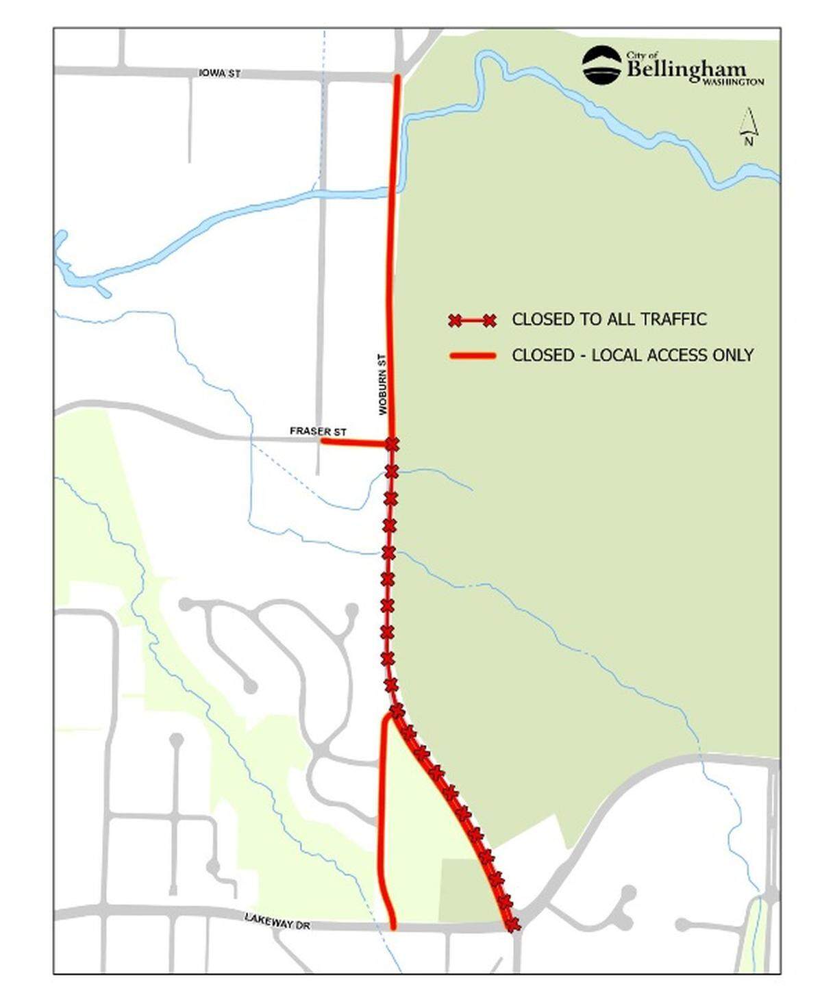 A map shows the closure on Woburn Street north of Lakeway Drive.