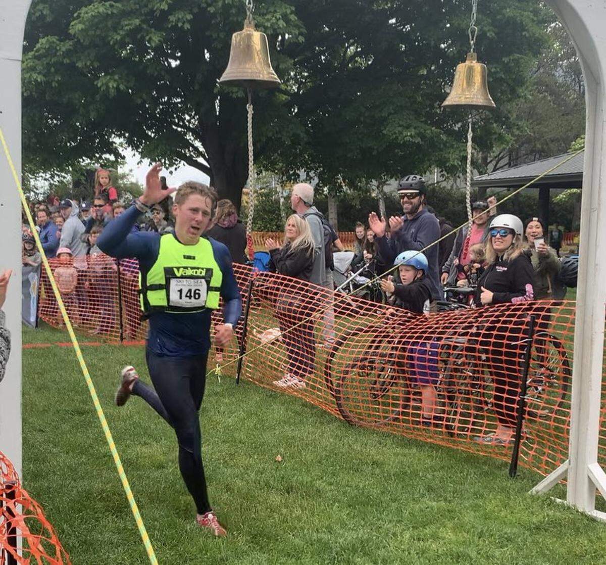 Jonas Ecker, the kayaker for Beavers Tree Service, finished with an early lead of 37:28 minutes for the five-mile course from Zuanich Park across Bellingham Bay to Marine Park in Fairhaven for the Ski to Sea race Sunday, May 29.