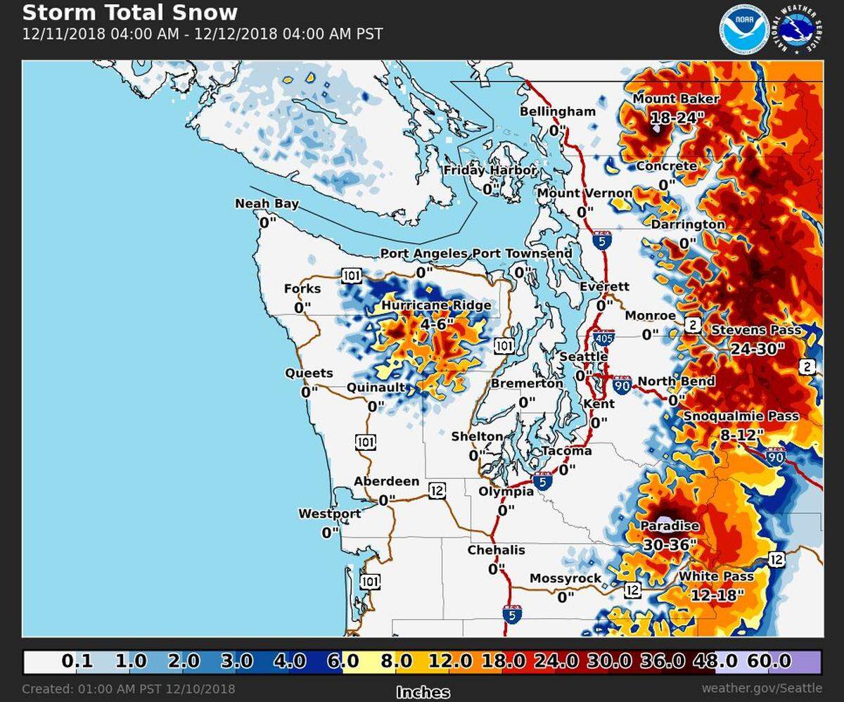 Map show projected snowfall Monday and Tuesday in the North Cascades.