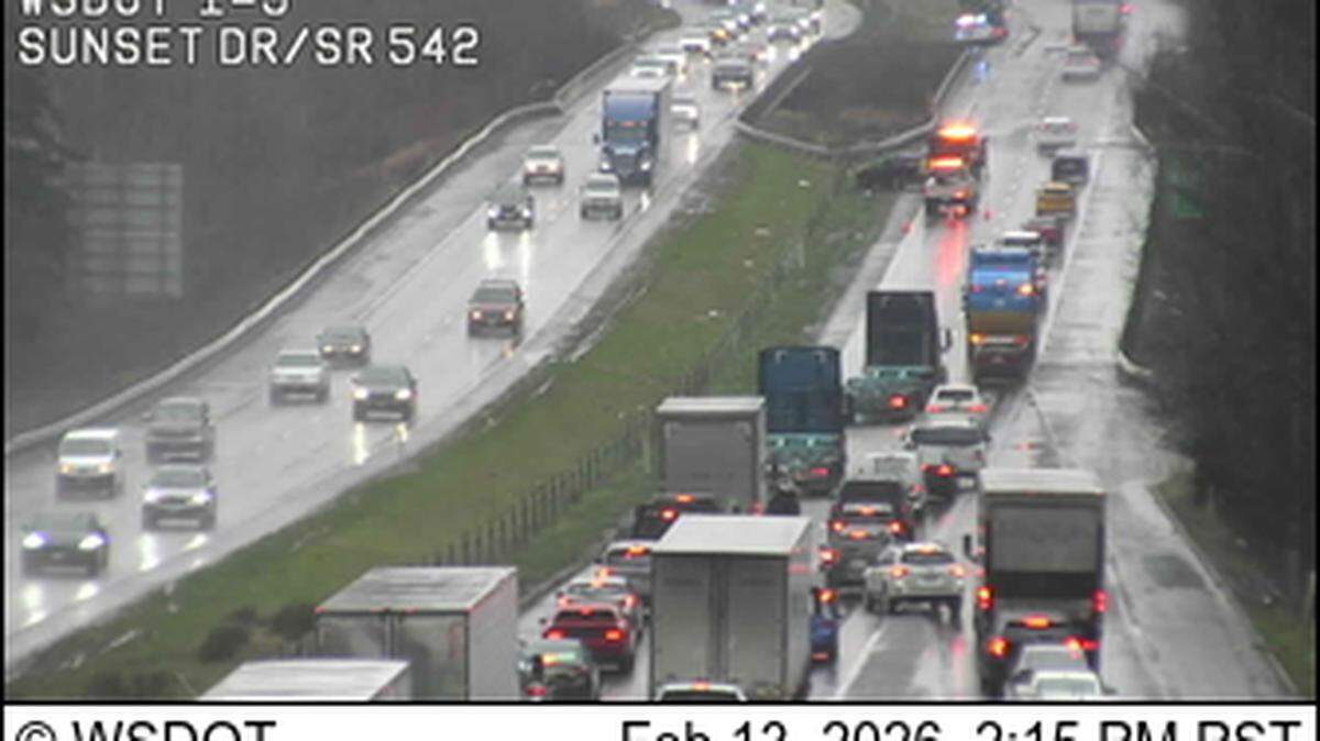 A lane is blocked on northbound Interstate 5 in Bellingham following a collision.
