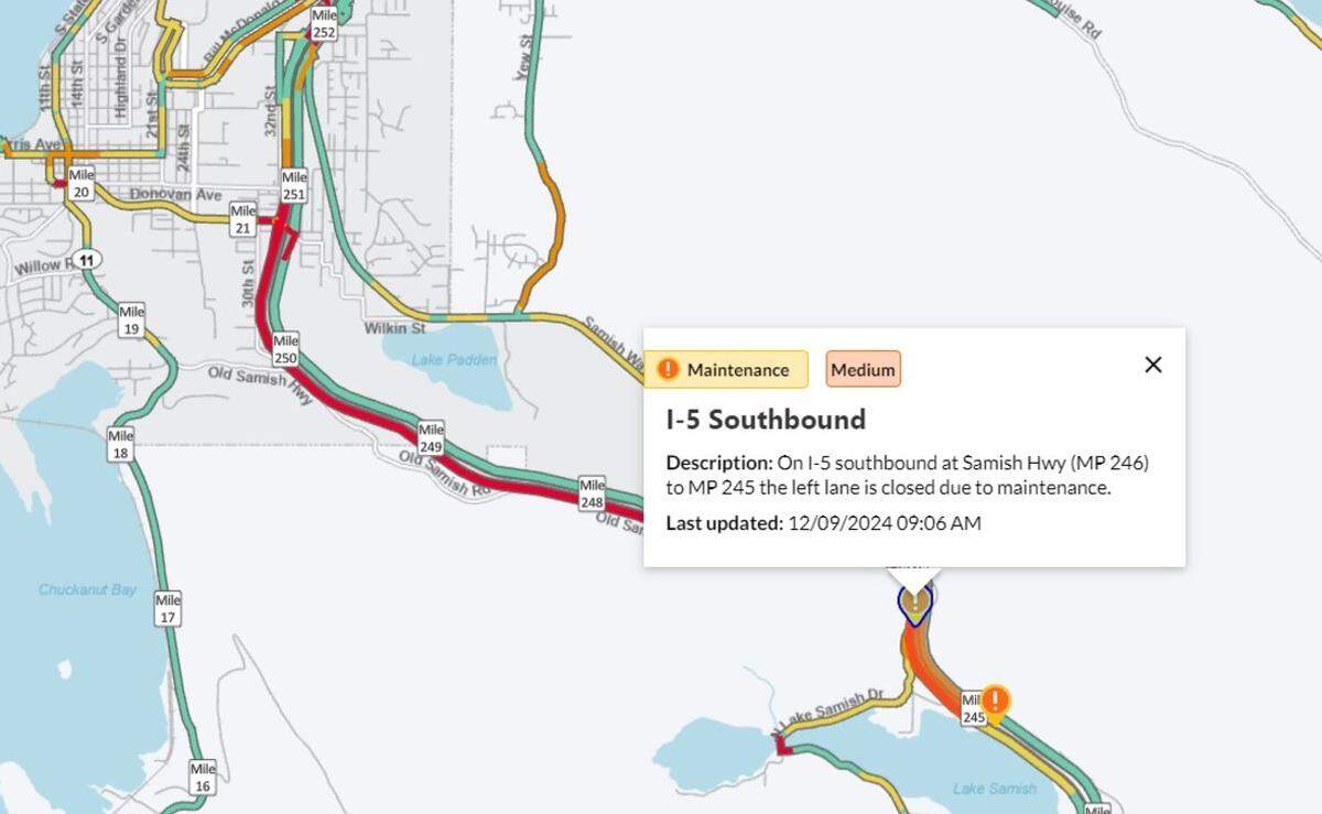 Efforts to remove hazardous trees along southbound Interstate 5 in the Lake Samish area caused a 7-mile backup on Monday as recorded on a Washington State Department of Transportation traffic map. The color red means traffic was nearly at a standstill.