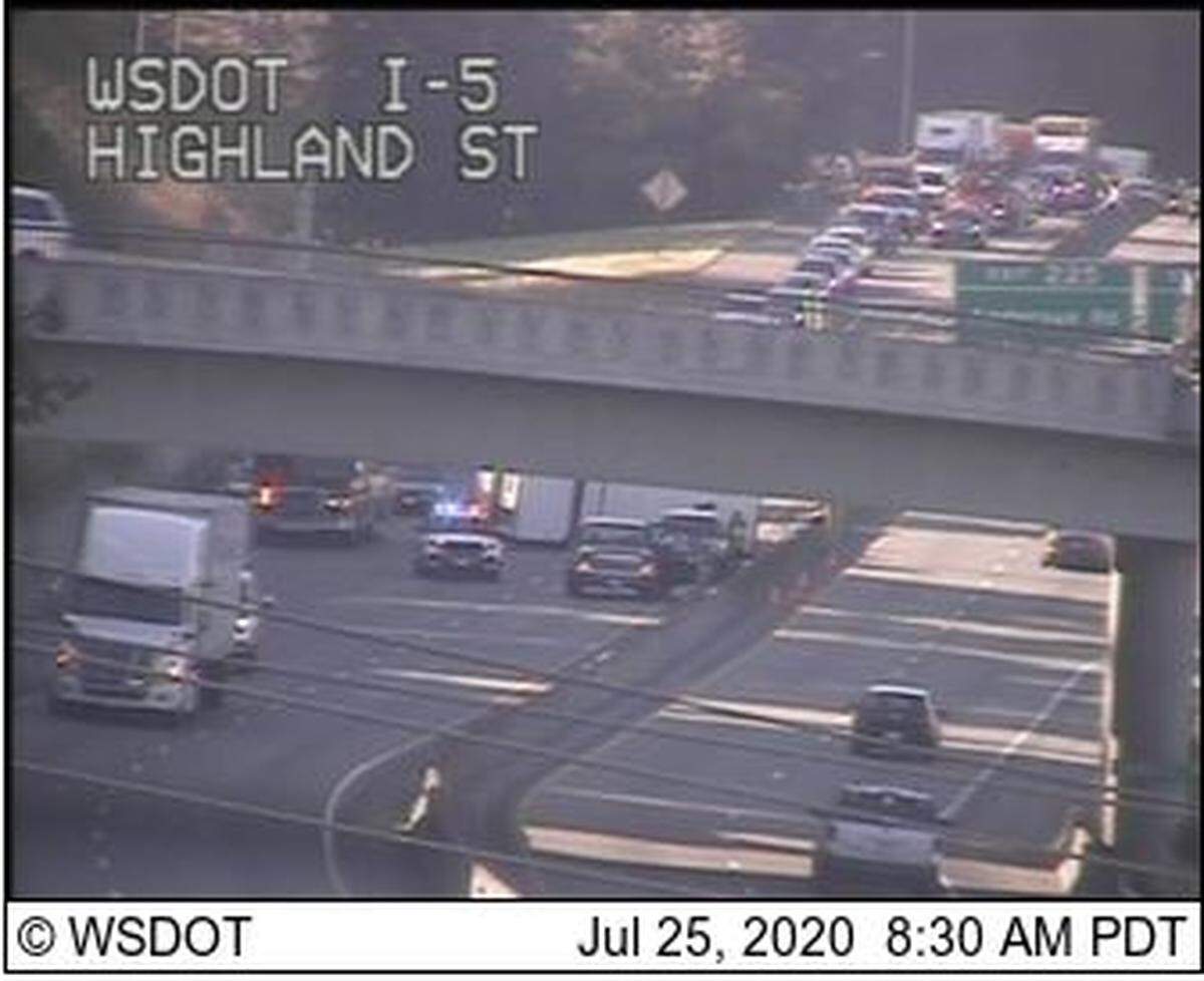 Traffic south of Bellingham on Interstate 5 has slowed Saturday morning, July 25, due to a collision with a road sign, according to the Washington State Department of Transportation.