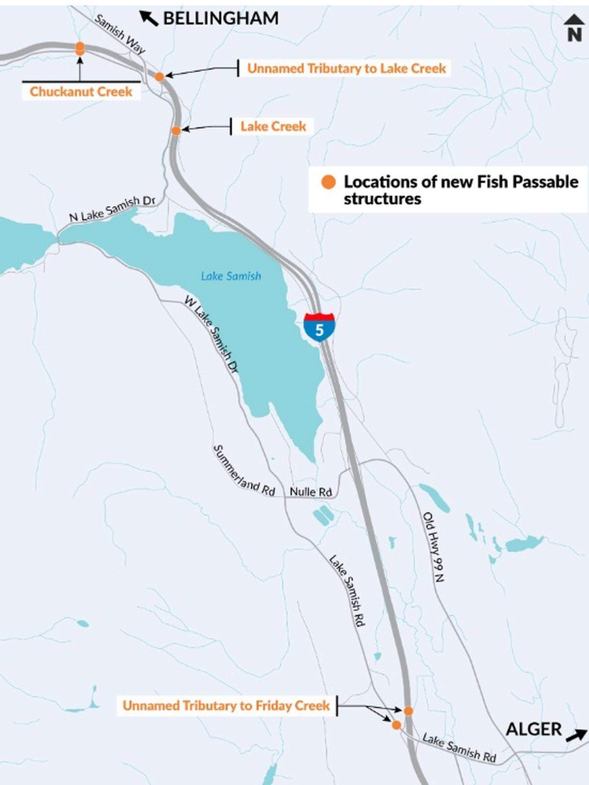 A Washington State Department of Transportation map shows the location of projects that will allow easier salmon migration on creeks and streams that Interstate 5 crosses south of Bellingham.