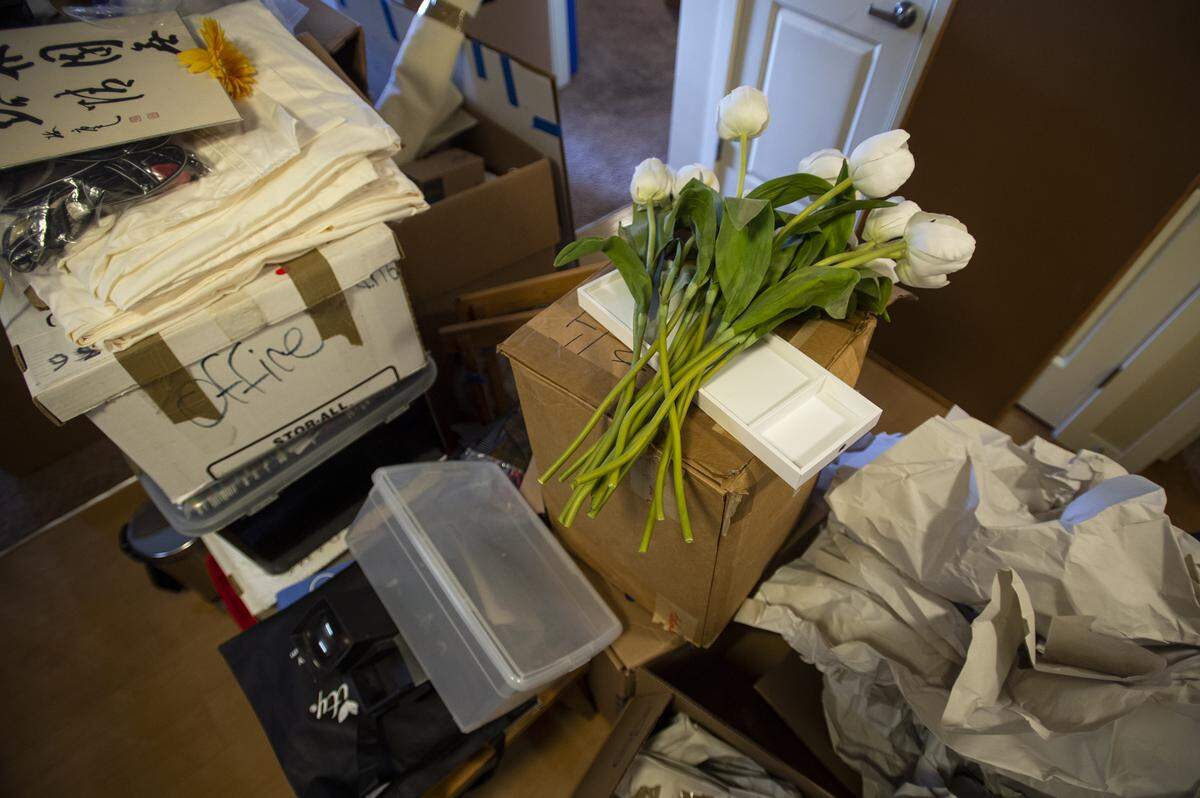 Boxes of 82-year-old Stephane Ligtelyn’s belongings sit in stacks throughout his apartment in Affinity at Bellingham, a 55 and older community, on Jan. 16. Ligtelyn moved out of his apartment at The Leopold after an announcement was made that all residents needed to vacate the building by March 31.