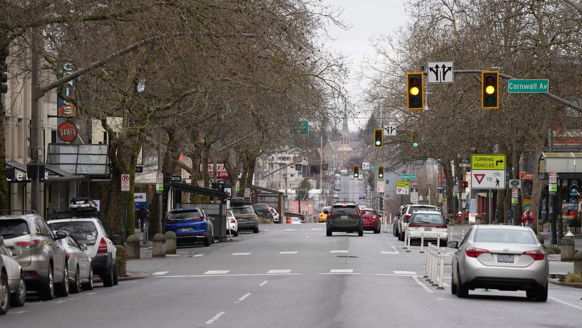 Cars drive down Holly Street in downtown Bellingham in 2025.