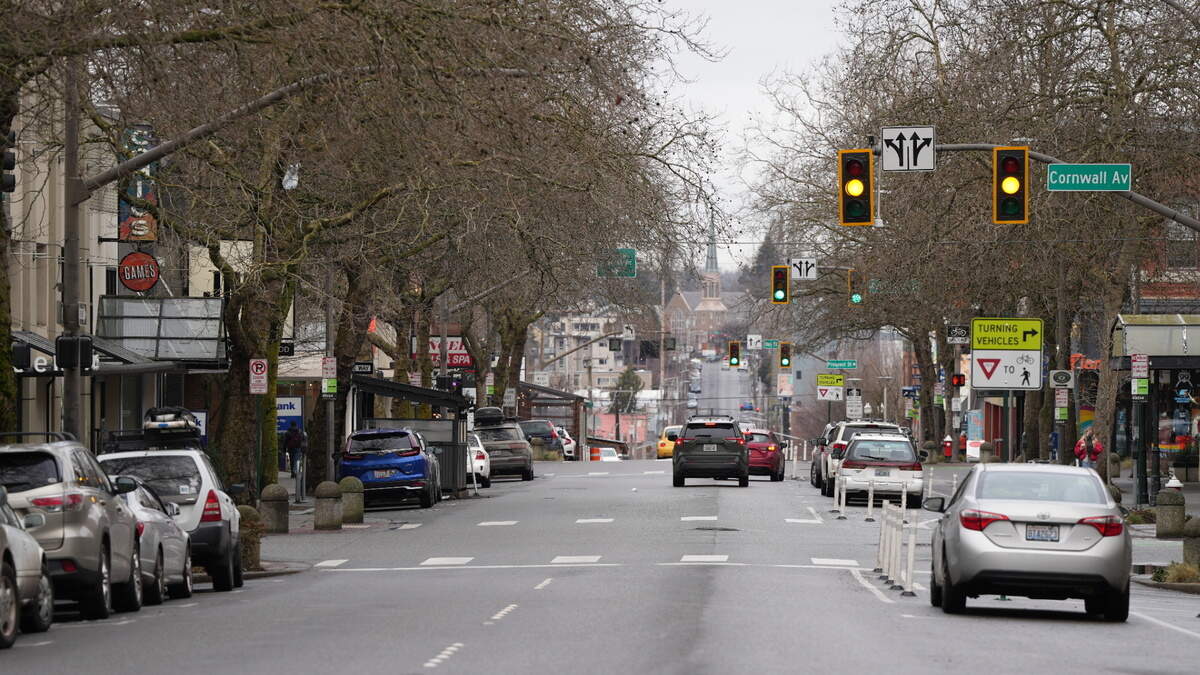 Cars move down Holly Street in downtown Bellingham.