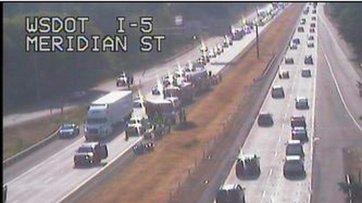 Traffic starts to back up Tuesday evening around a crash on Interstate 5 near Meridian in Bellingham.