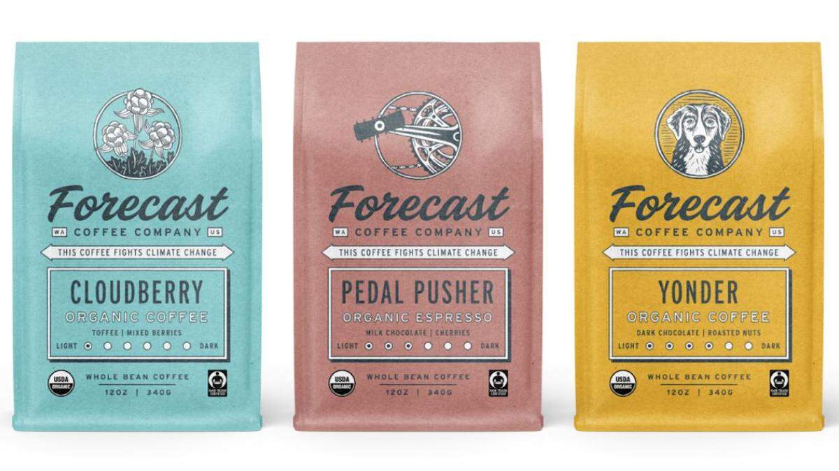 Forecast Coffee packaging features illustrations from Sarah Finger of Skyline Printworks and was designed by Cameron Jennings.