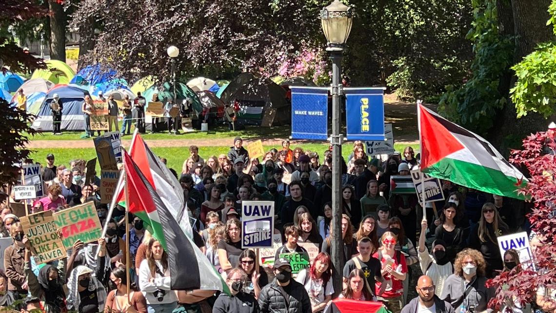 Unionized student workers and Gaza war protesters demonstrate outside Old Main at Western Washington University on Friday.