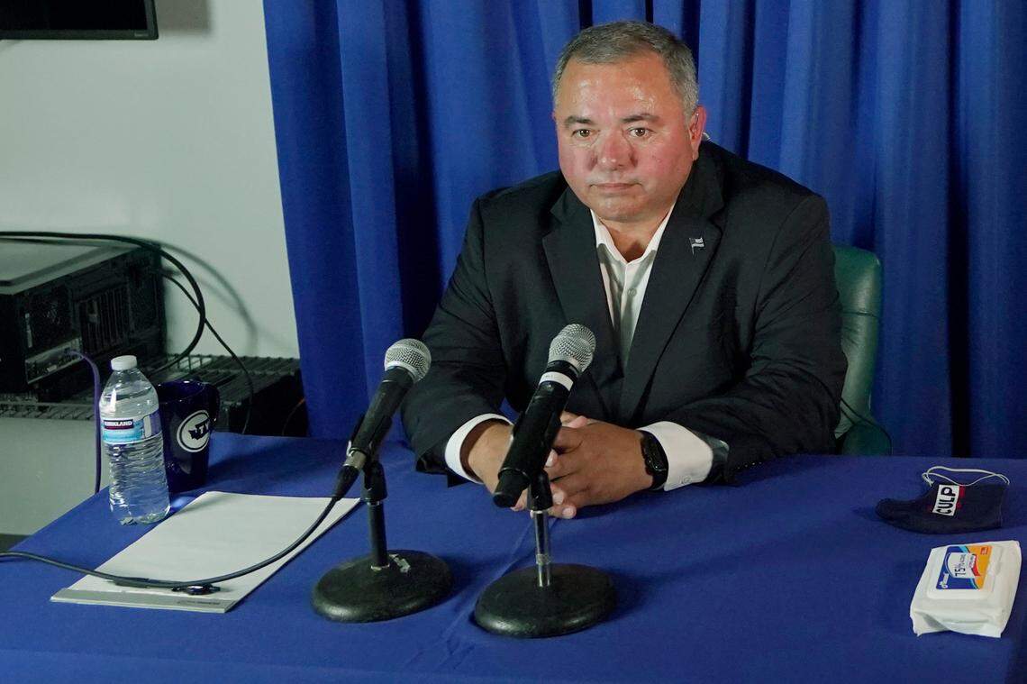 Republican Loren Culp takes part in a sound check in the room he will be in for his debate with Washington Gov. Jay Inslee, a Democrat, Wednesday, Oct. 7, 2020, in Olympia, Wash.
