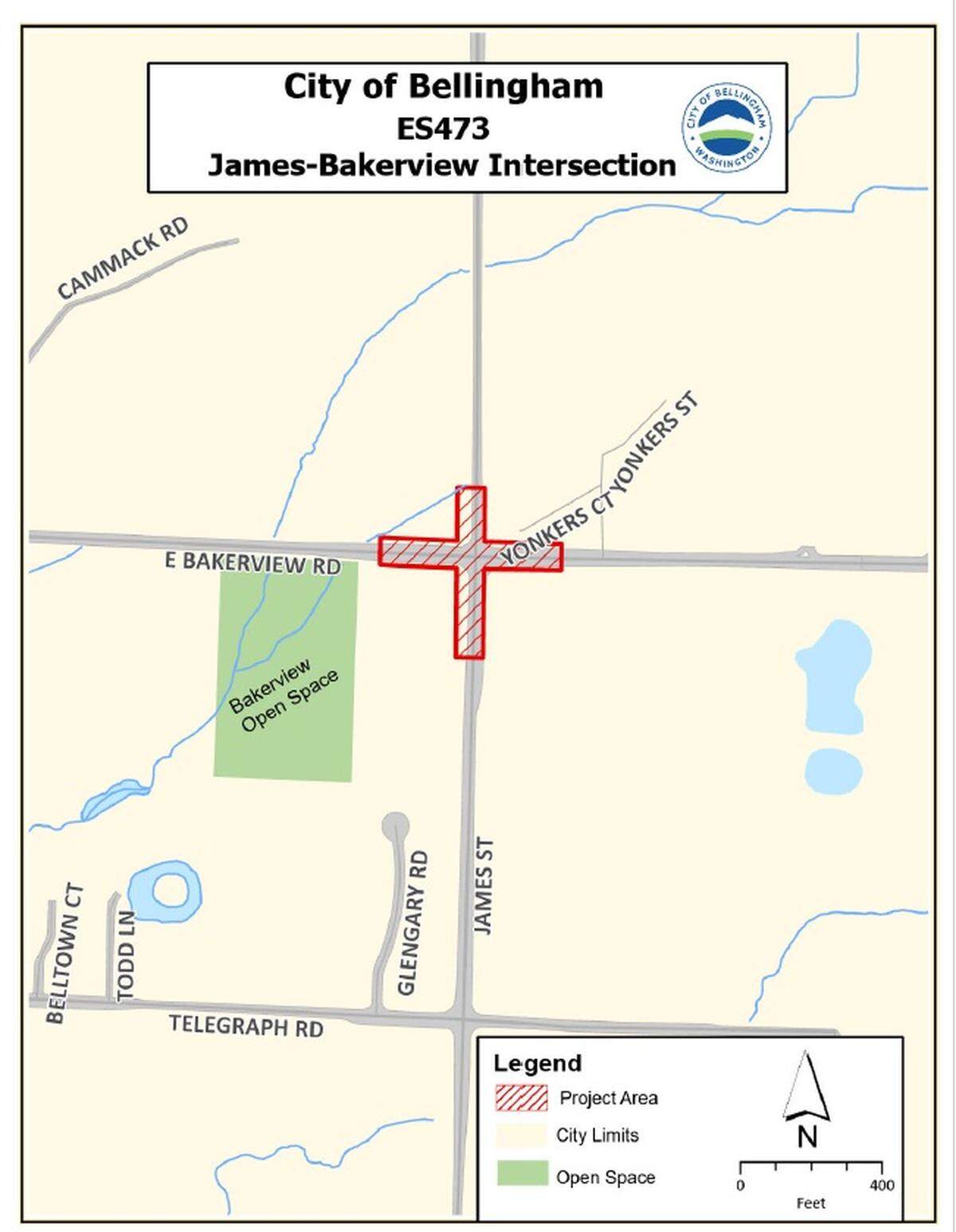 A map provided by the city of Bellingham shows the location of the planned roundabout at James Street and East Bakerview Road.