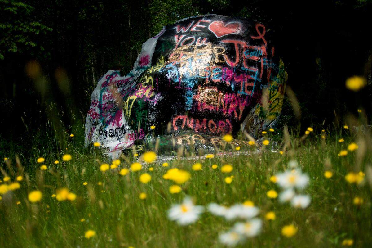The graffiti rock was visible from northbound Interstate 5 south of Bellingham.