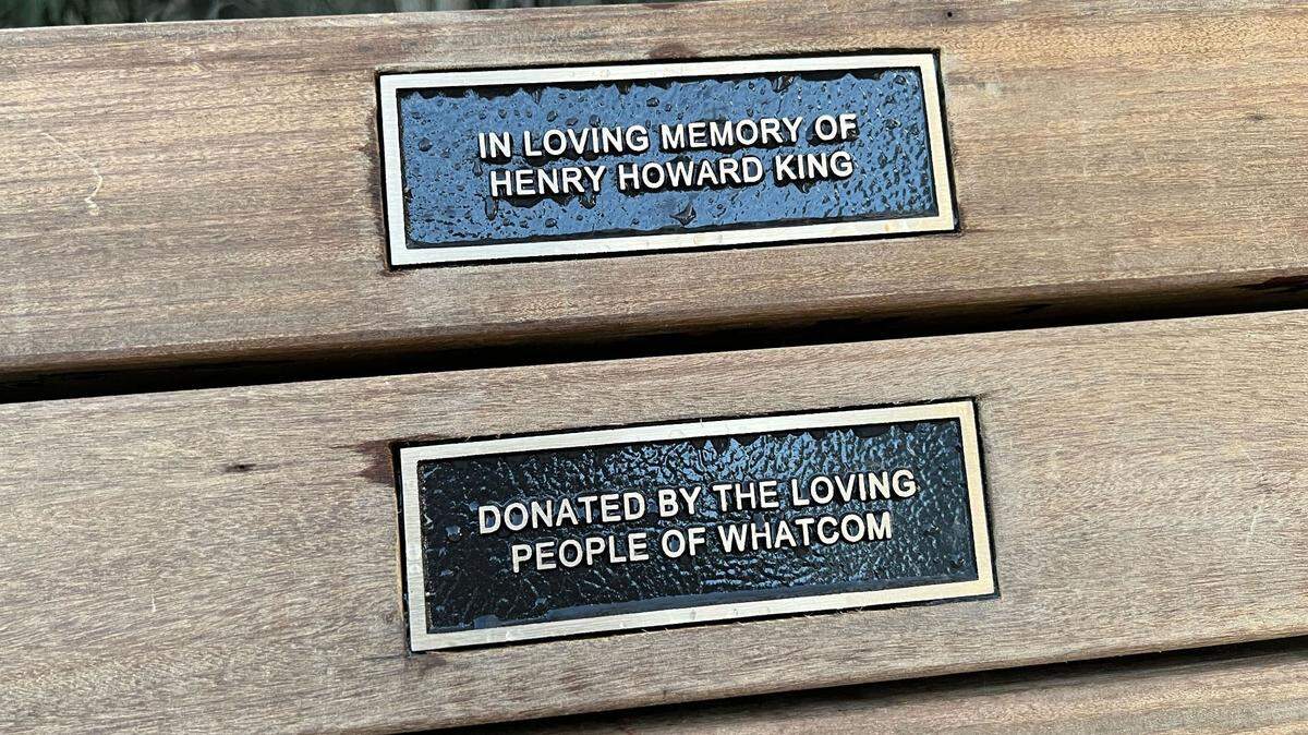 A memorial bench for Henry King is installed at Boulevard Park in Bellingham. King was a formerly unhoused and well-loved community member who was shot to death on the boardwalk between Boulevard Park and Taylor Dock on March 12, 2023.
