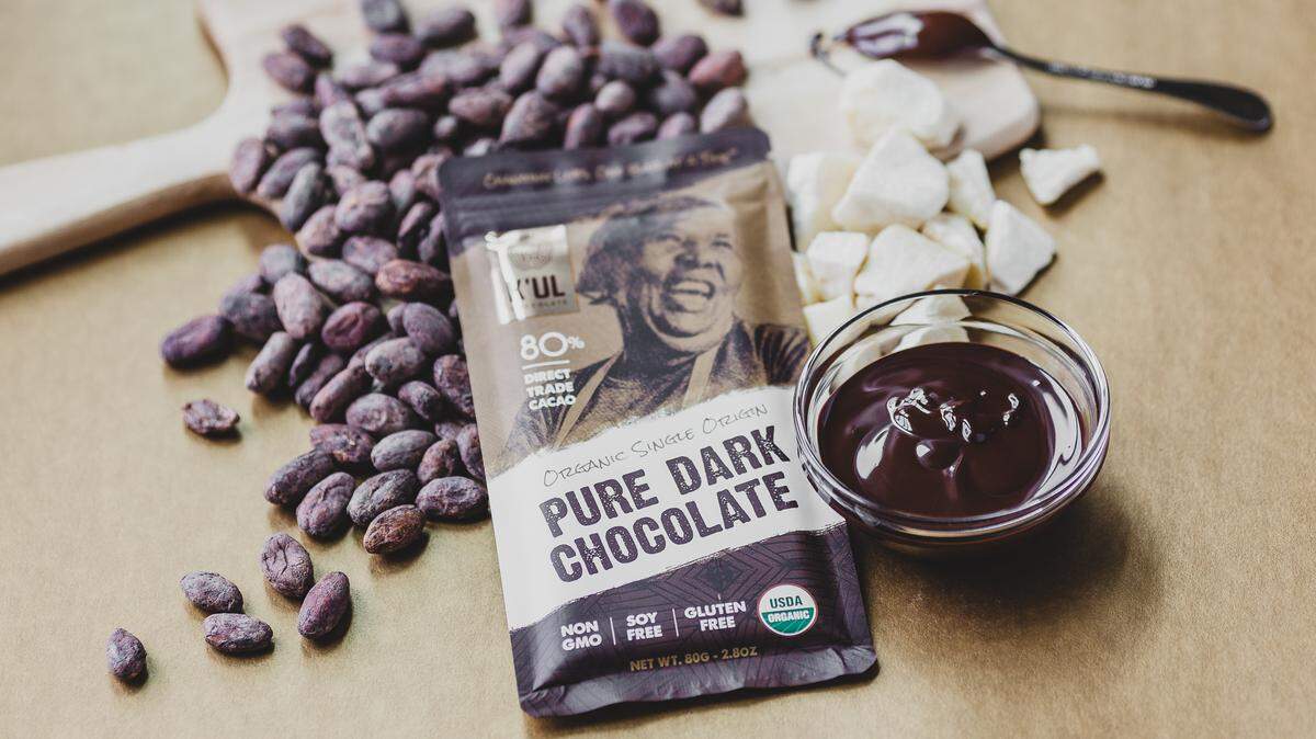 A KU’L Pure Dark Chocolate Bar from KU’L Chocolate Factory in Bellingham, Washington.