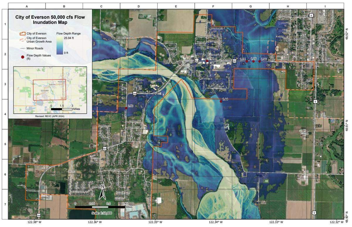 A city of Everson map shows an estimate of flooding when the Nooksack River is flowing at 60,000 cubic feet per second, similar to the flood of January-February 2020.