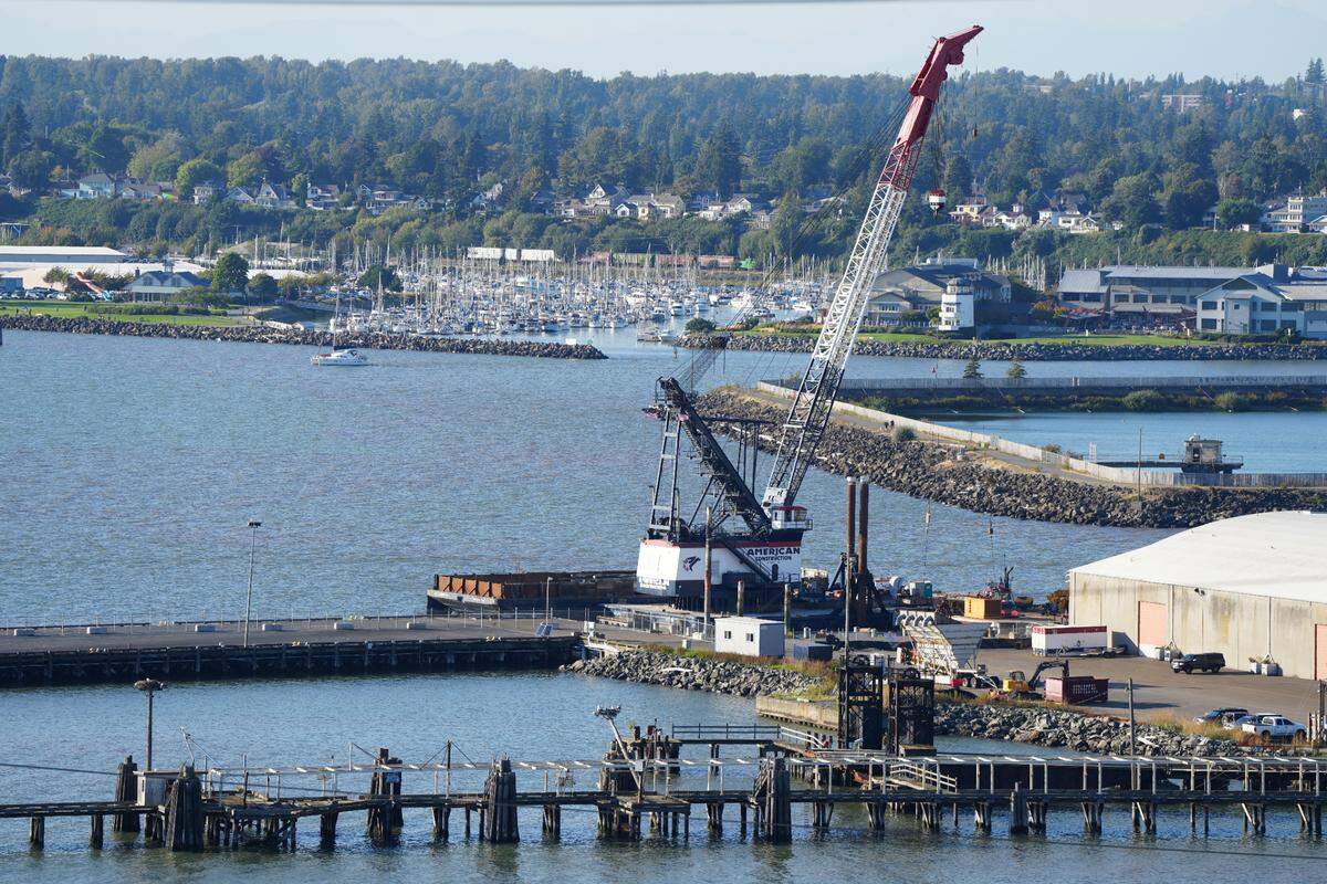 A crane operates along Bellingham’s working waterfront on Aug. 28, 2024. 