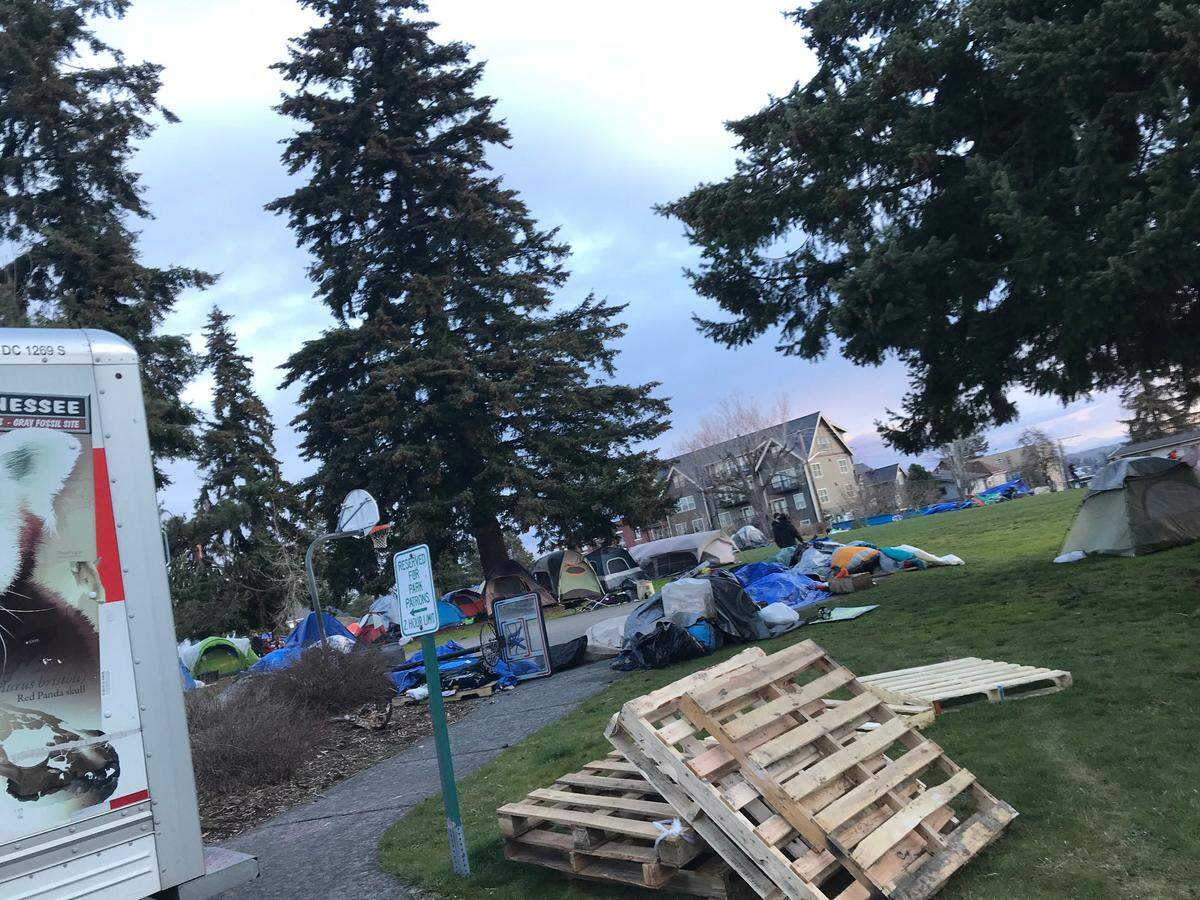 Volunteers and several moving vans arrive early Friday, March 19, at Laurel Park in Bellingham as city Public Works and Parks and Recreation workers prepare to move homeless campers.