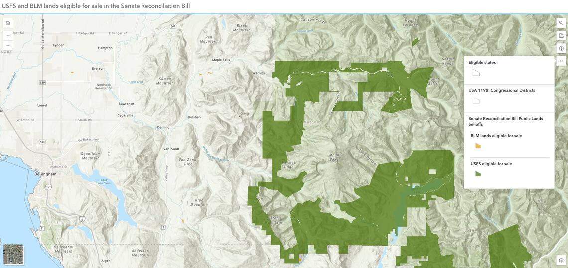A map produced by The Wilderness Society shows the public land that would be eligible for sale in the western United States as part of a federally proposed tax and spending bill in the Senate as of June 17. A significant portion of Whatcom County land is impacted, including much of the Mount Baker Highway corridor and large portions of the Mount Baker National Forest.