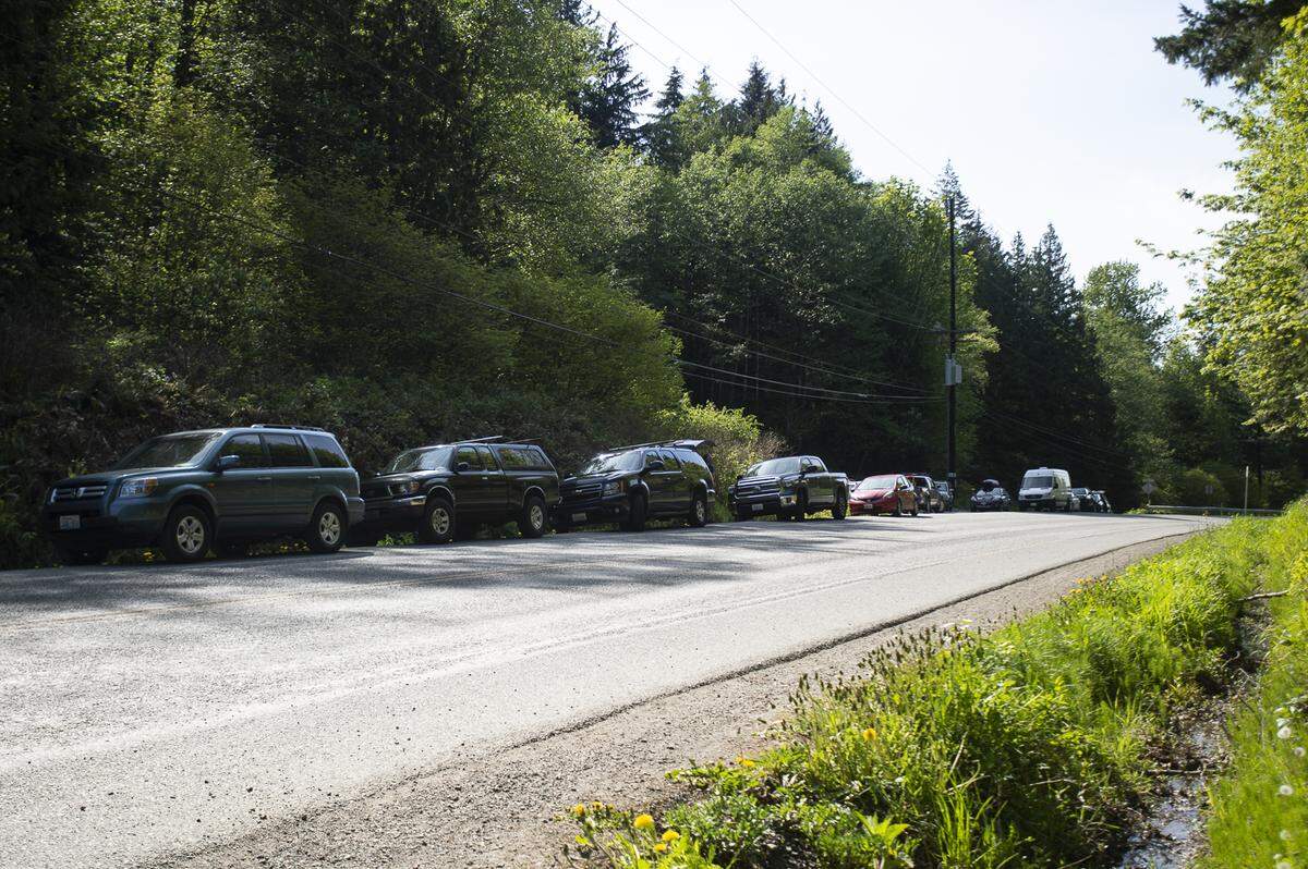 The WMBC, a nonprofit mountain bike and trails advocacy group, is raising $350,000 to expand the roughly 30-vehicle parking lot at Samish Way near Galbraith Lane, an access point to the popular mountain biking trails on Galbraith Mountain. Inadequate parking is causing safety concerns, as vehicles line up on the shoulder along Samish Way in Bellinhgam, as seen on Thursday, May 9.