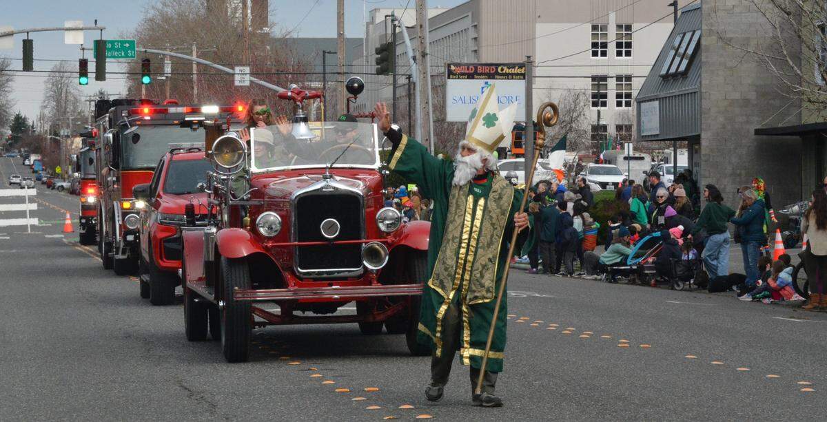 Retired Bellingham firefighter Brian Flannnelly leads the 16th annual St. Patrick’s Day Parade down Cornwall Avenue in Bellingham on Sunday.