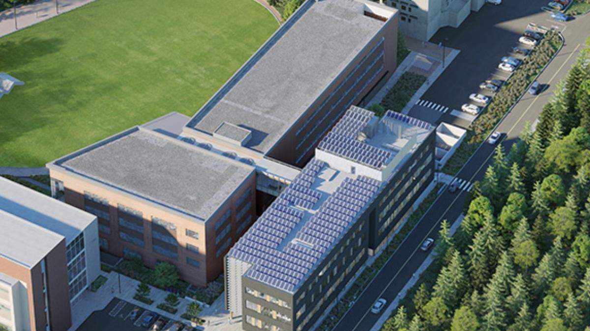 An aerial rendering shows the planned design for Kaiser Borsari Hall. Construction is slated to begin March 20 on Western Washington University’s Bellingham campus.