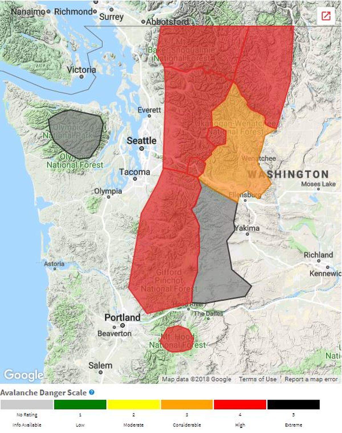 Red shading indicates high avalanche danger and orange indicates considerable danger in this map at the Northwest Avalanche Center website.