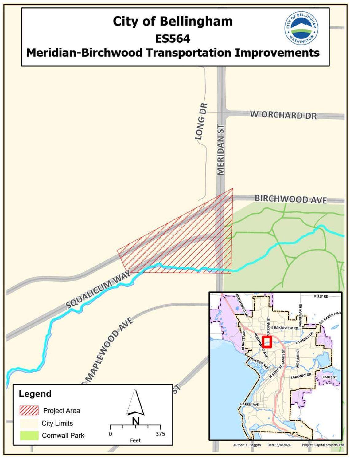A map shows the location of the Meridian Street-Birchwood Avenue-Squalicum Parkway intersection.