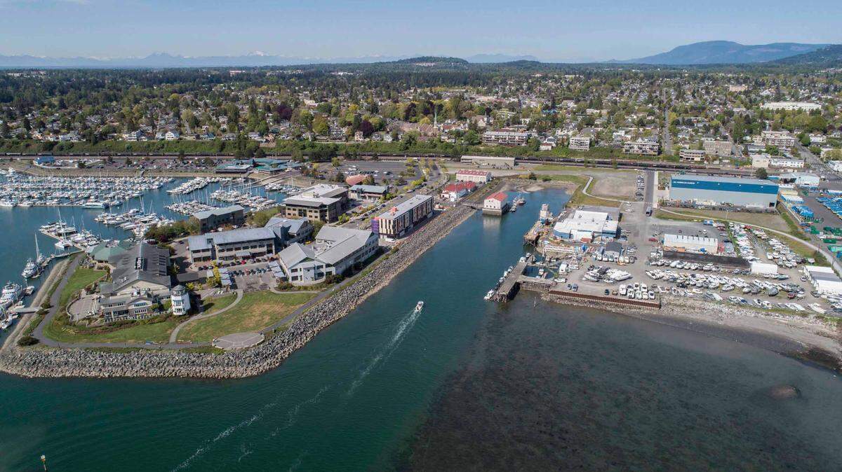The I & J Waterway on the waterfront of Bellingham, Wash., is seen from the air in a 2019 photo. The U.S. Coast Guard station is at the base of the inlet, and the Bellwether Hotel is at left.