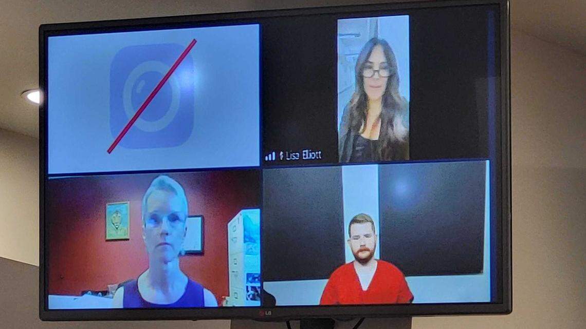 Fired Whatcom County Sheriff’s deputy Austin Michael Case (bottom right) makes his first appearance Thursday, July 13, in Whatcom County Superior Court. Case is accused of using his position as a law enforcement officer to threaten, blackmail and sexually assault at least two women, court records show.