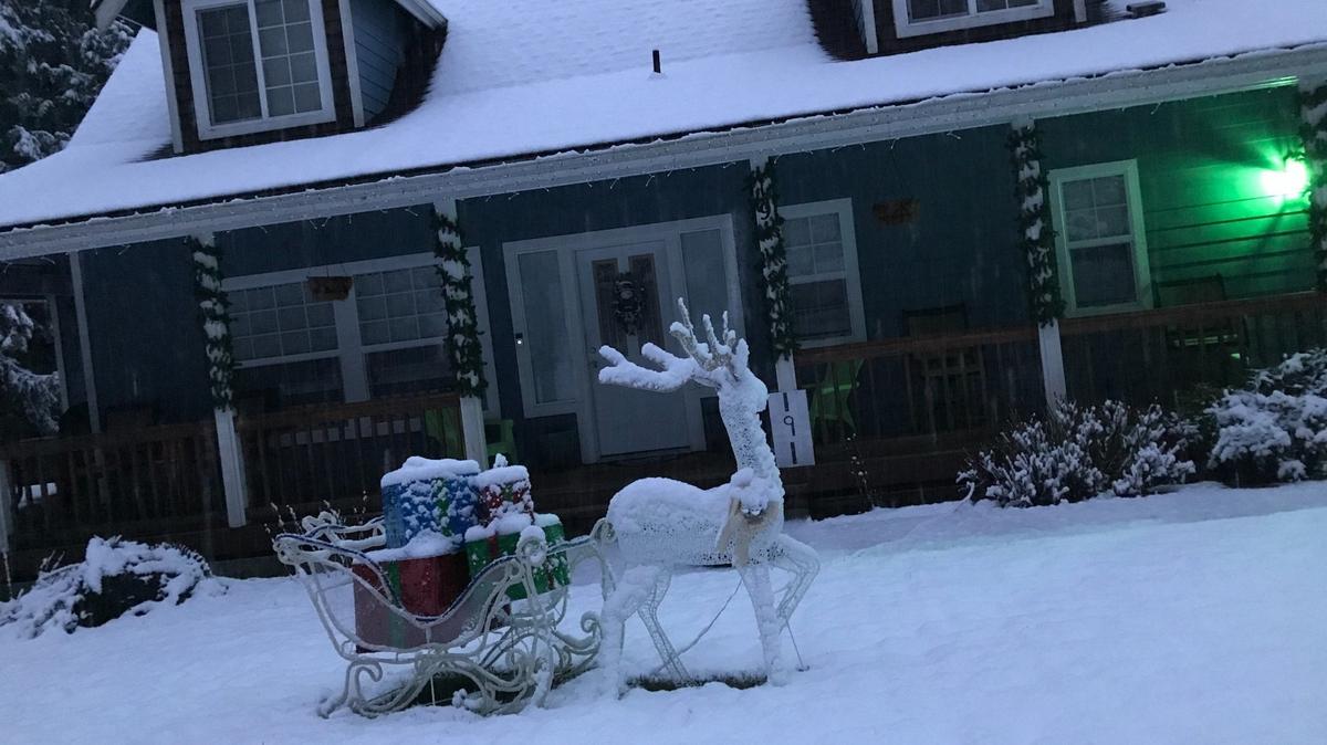 Snow falls on Christmas decorations in the Sudden Valley area east of Bellingham on Christmas morning, 2021.