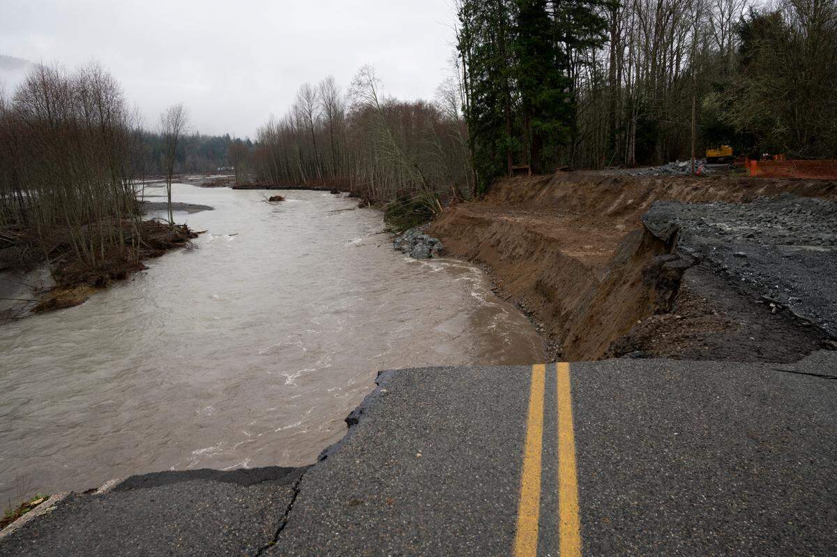 North Fork Road on Saturday, Dec. 4, was washed away by the Nooksack River during November flooding in Whatcom County.