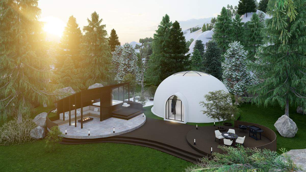 A rendering shows the exterior of a private dome planned for Oculis Lodge vacation rentals. The project was originally expected to break ground in January 2023 in Glacier, Wash.