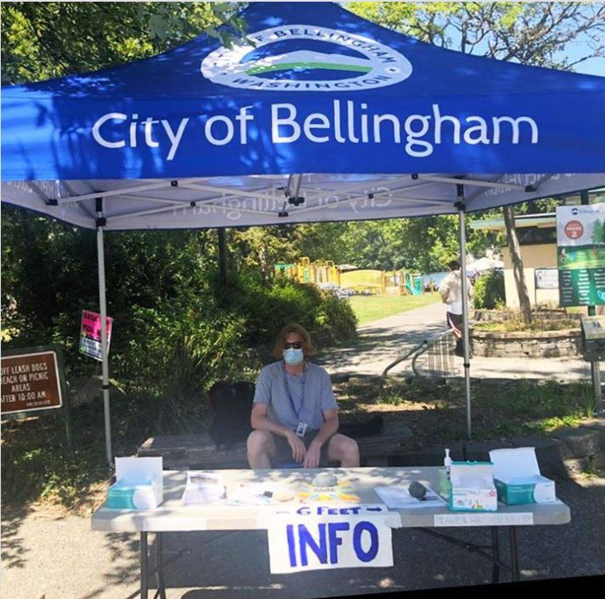 Bellingham staff are at Bloedel Donovan, Boulevard and Lake Padden parks, which have public water access and are popular in hot weather, to pass out masks to people and to remind them to recreate responsibly amid concerns about people crowding together and not wearing masks during the COVID-19 pandemic.