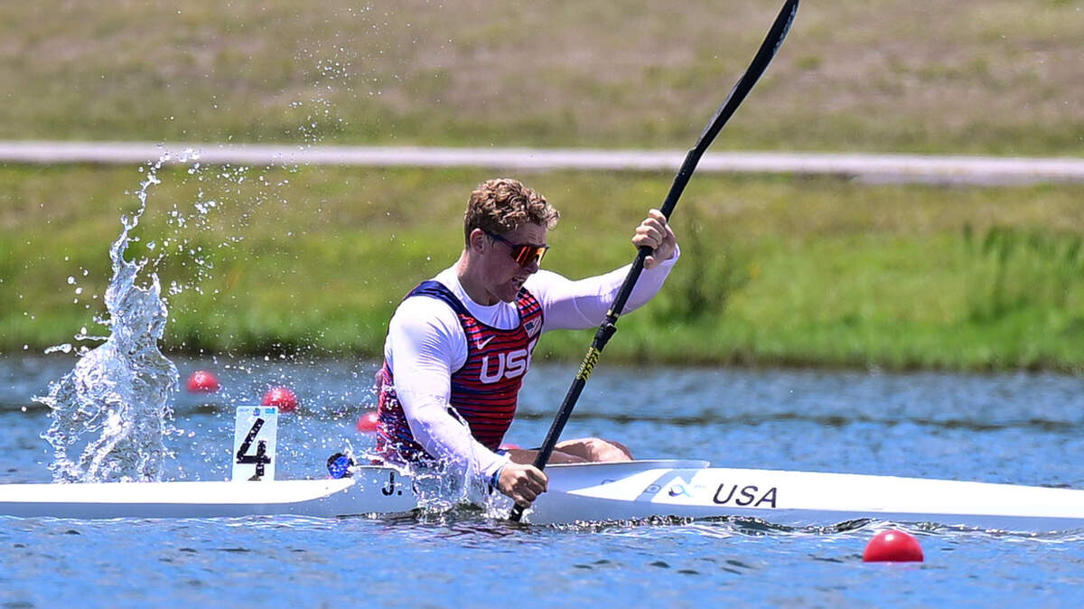Jonas Ecker competes in a kayak race. Ecker and his teammate Aaron Small advanced to the semifinals in the men’s 500 meter K-2 at the 2024 Paris Olympics.