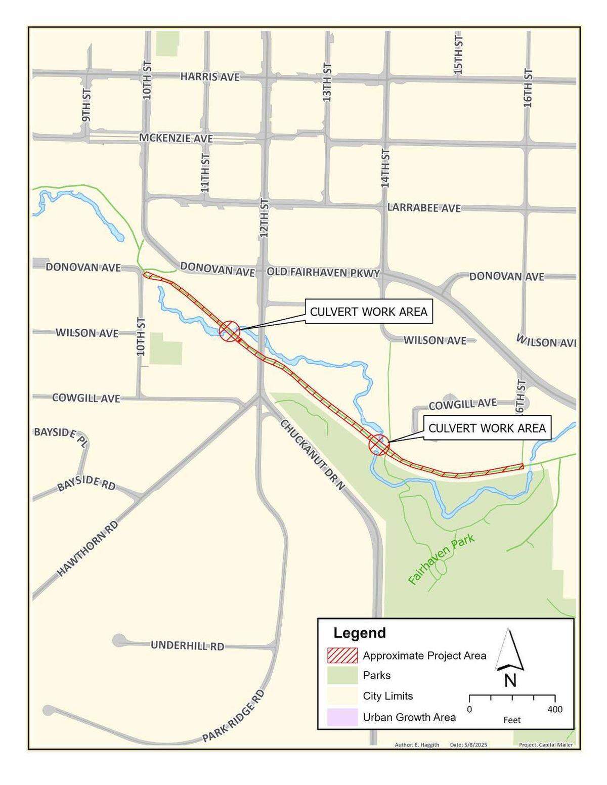 A map shows the location of culvert work on Padden Creek along the Interurban Trail, where nearly 700 gallons of diesel fuel spilled Aug. 3 and Aug. 7. The spill was near 10th Street.